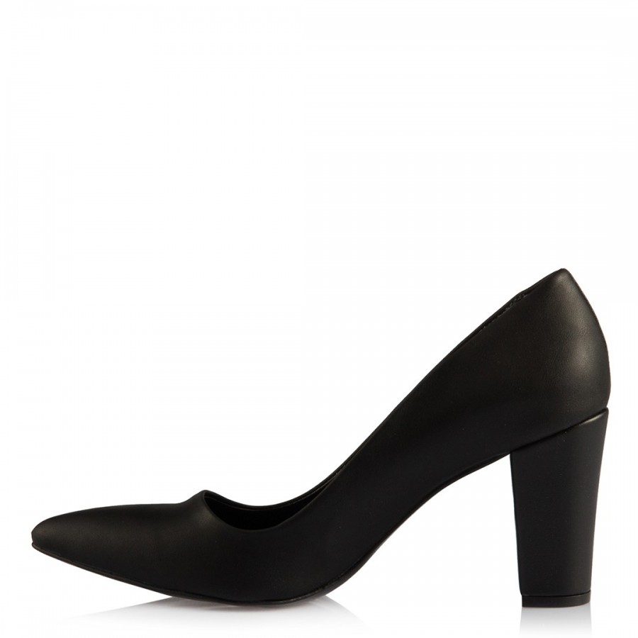 Stiletto Kalın Topuklu Siyah Mat Deri