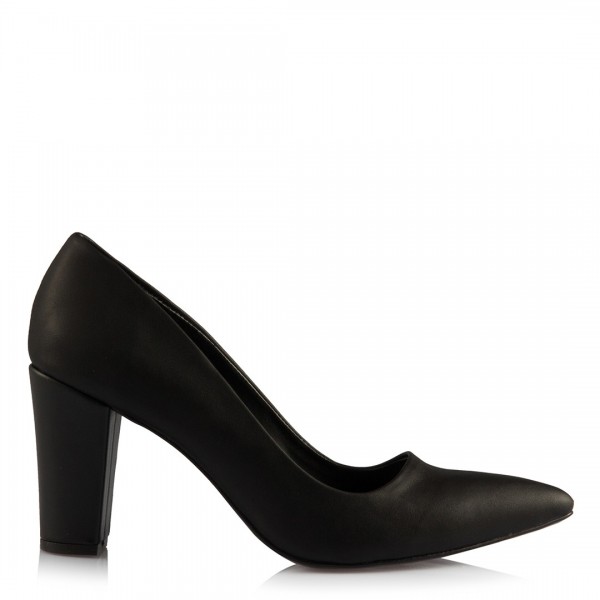 Stiletto Kalın Topuklu Siyah Mat Deri