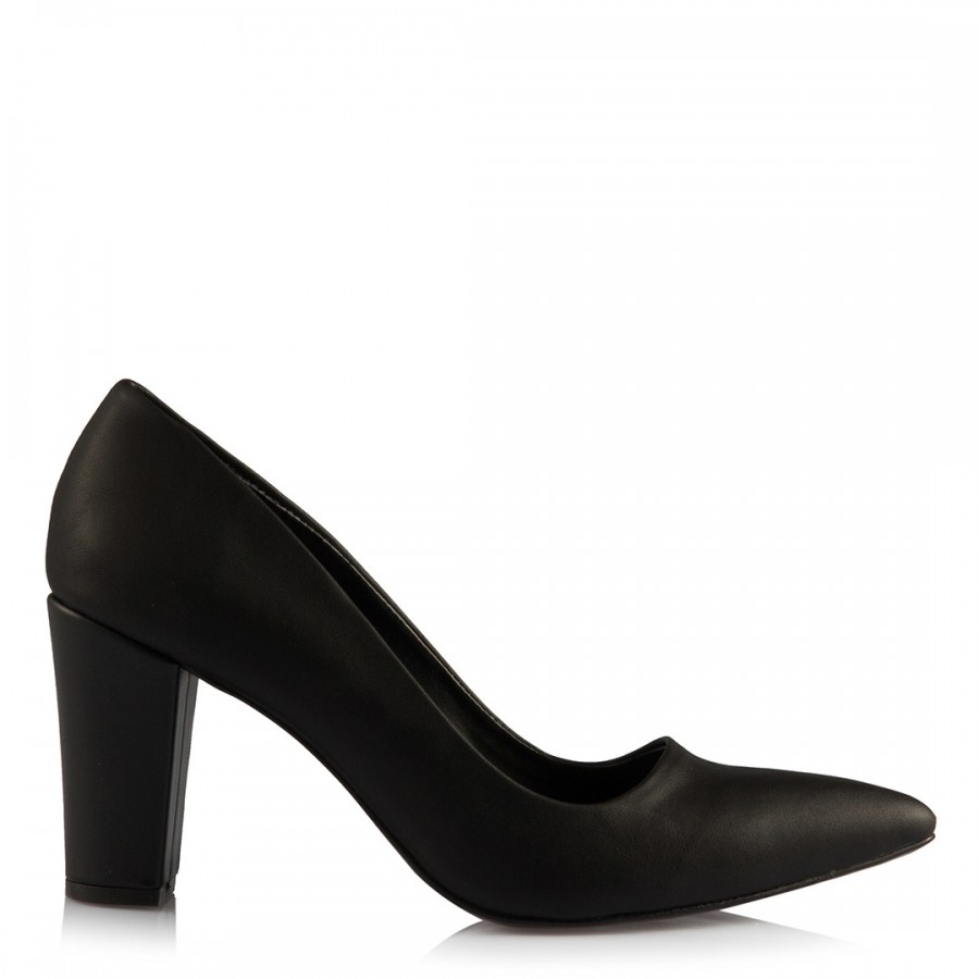 Stiletto Kalın Topuklu Siyah Mat Deri