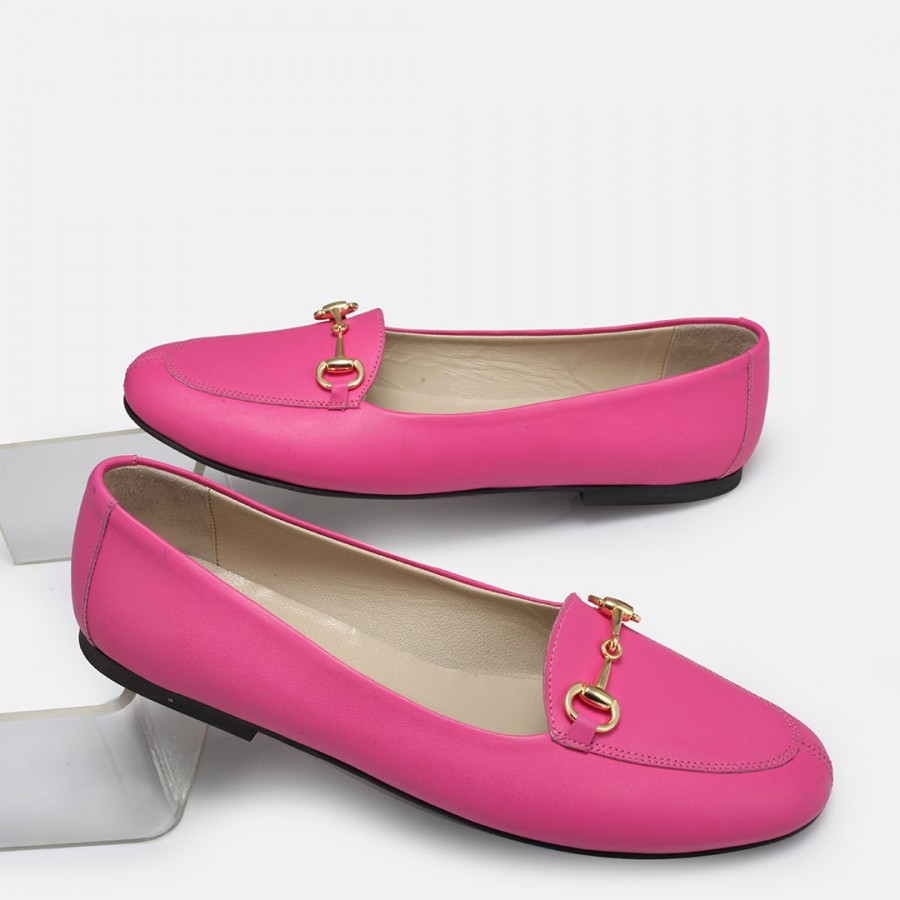 Loafer Ayakkabı Fuşya Hakiki Deri Zincir Toka