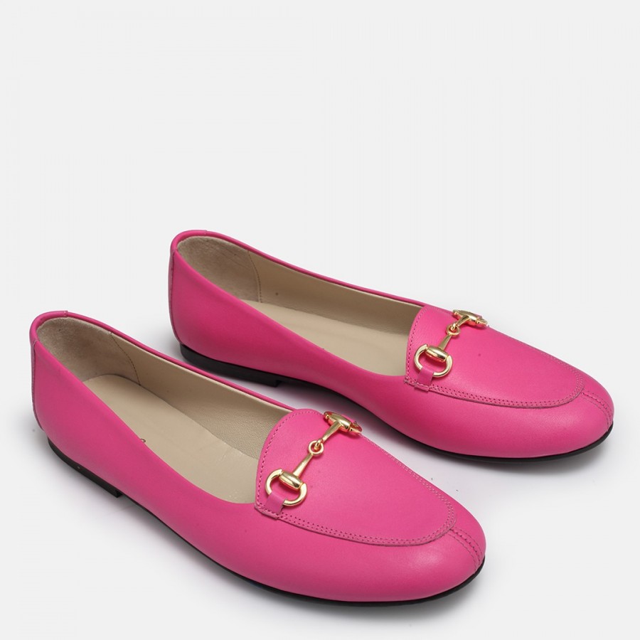 Loafer Ayakkabı Fuşya Hakiki Deri Zincir Toka