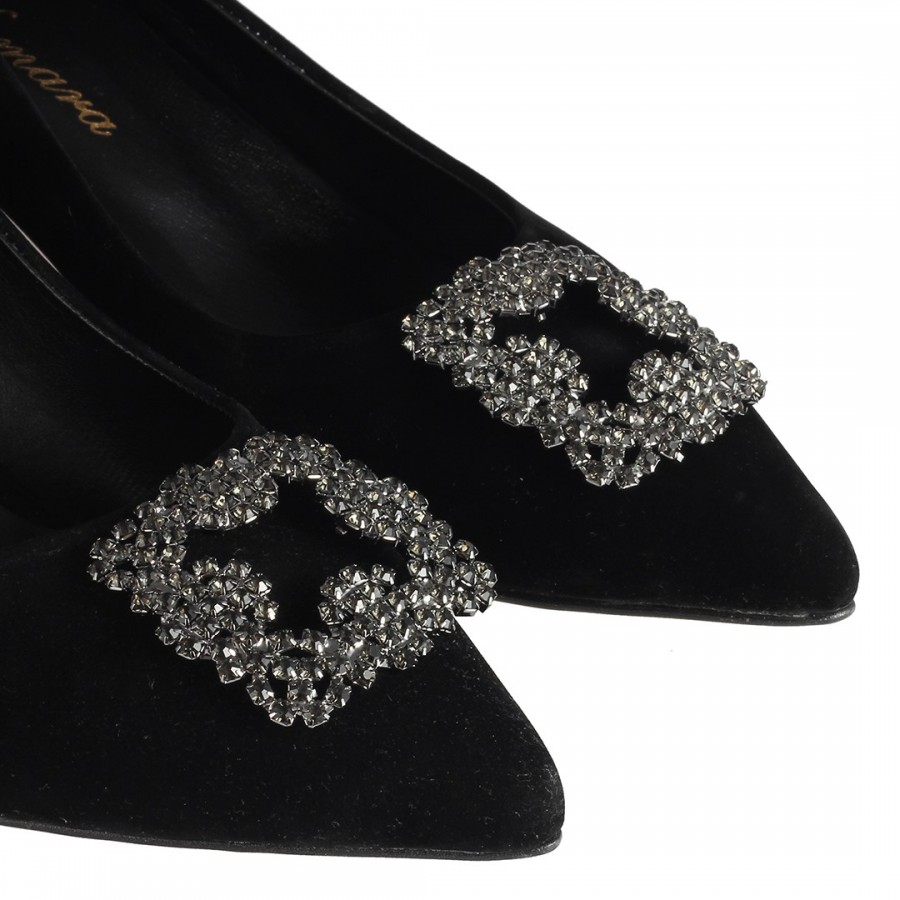 Stiletto Taşlı Siyah Süet Kalın Topuklu