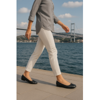 Kapitone Siyah Hakiki Deri Düz Ayakkabı Babet
