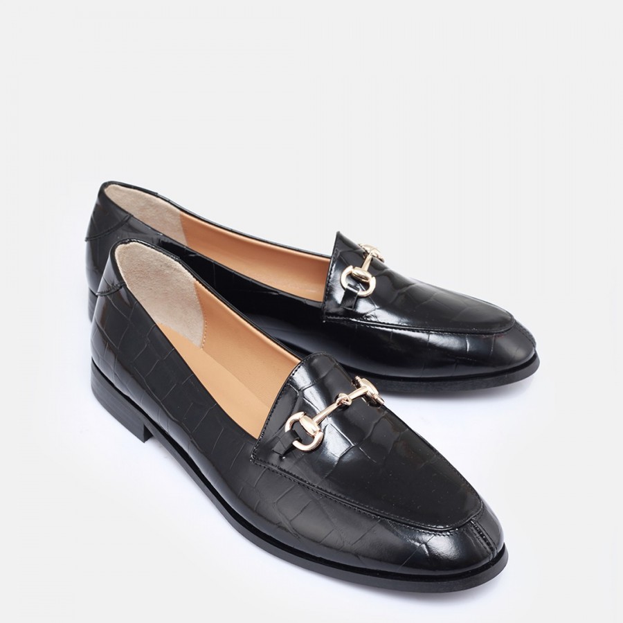 Zincirli Loafer Ayakkabı Siyah Crocodile Hakiki Deri