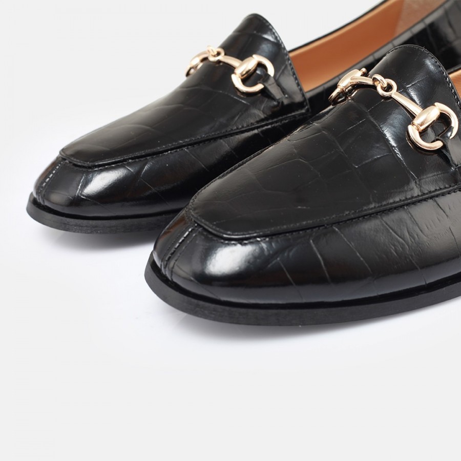 Zincirli Loafer Ayakkabı Siyah Crocodile Hakiki Deri