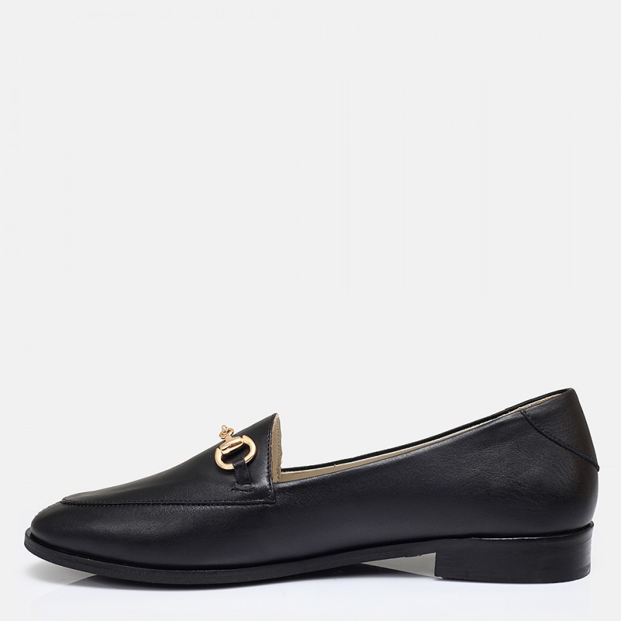 Zincirli Loafer Ayakkabı Siyah Hakiki Deri