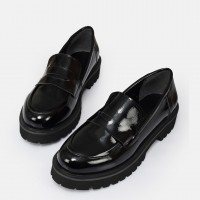 Kalın Tabanlı Loafer Ayakkabı Siyah Rugan