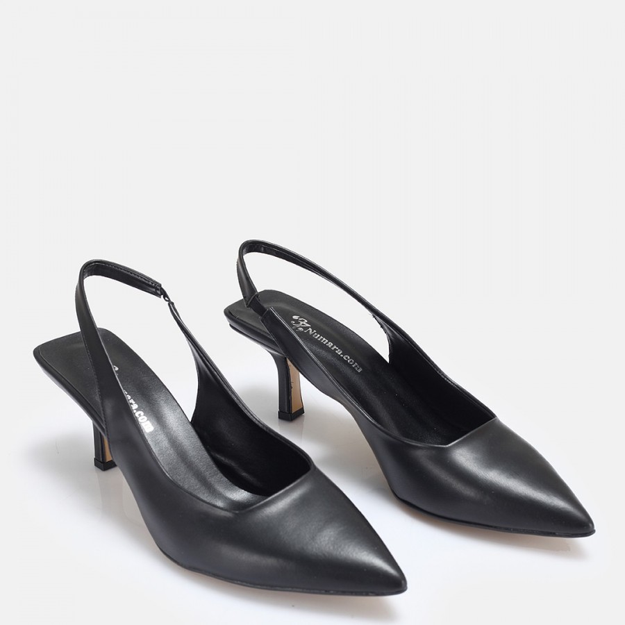 Siyah Suni Deri Arkası Açık Stiletto