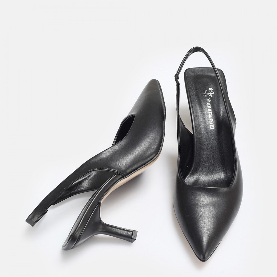 Siyah Suni Deri Arkası Açık Stiletto