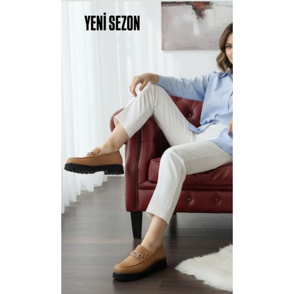 Camel Loafer Ayakkabı Tokalı Hakiki Deri