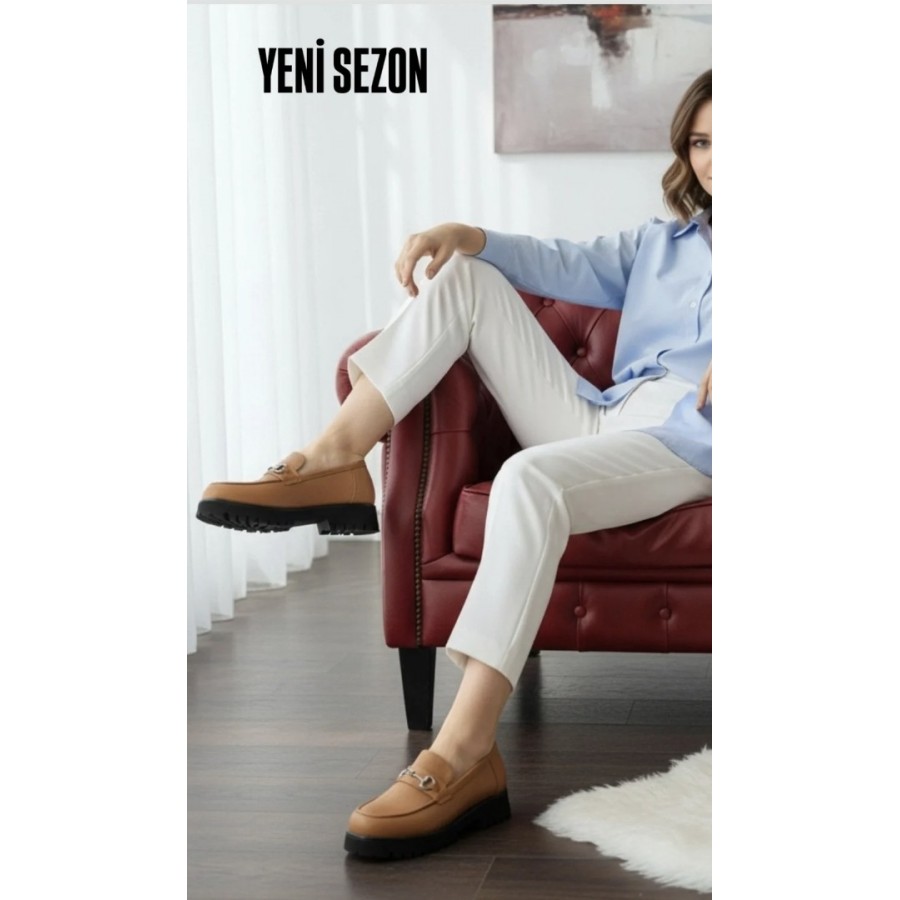 Camel Loafer Ayakkabı Tokalı Hakiki Deri