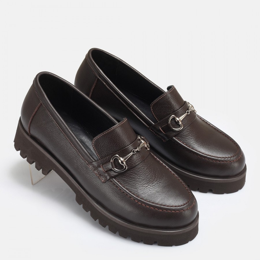 Loafer Ayakkabı Tokalı Kahverengi Hakiki Deri