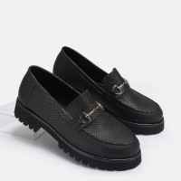Loafer Ayakkabı Siyah Baskılı Tokalı Hakiki Deri