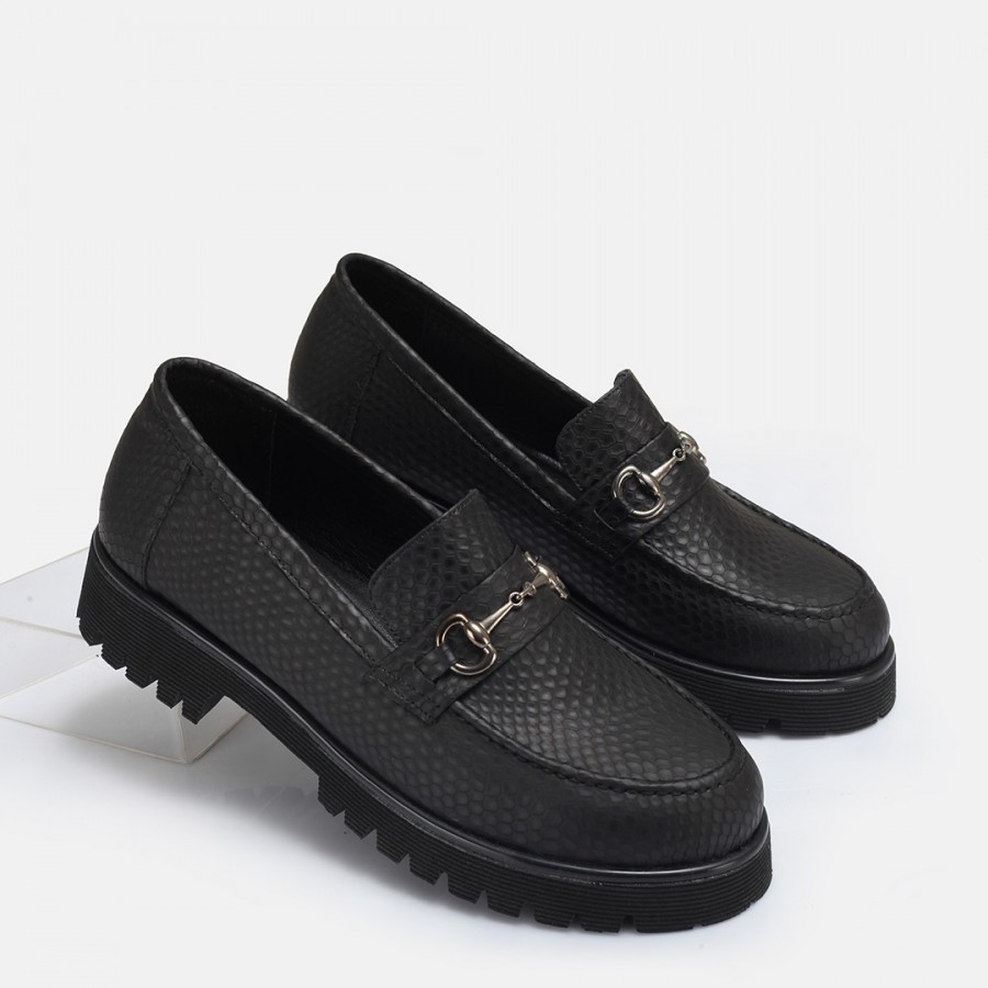 Loafer Ayakkabı Siyah Baskılı Tokalı Hakiki Deri