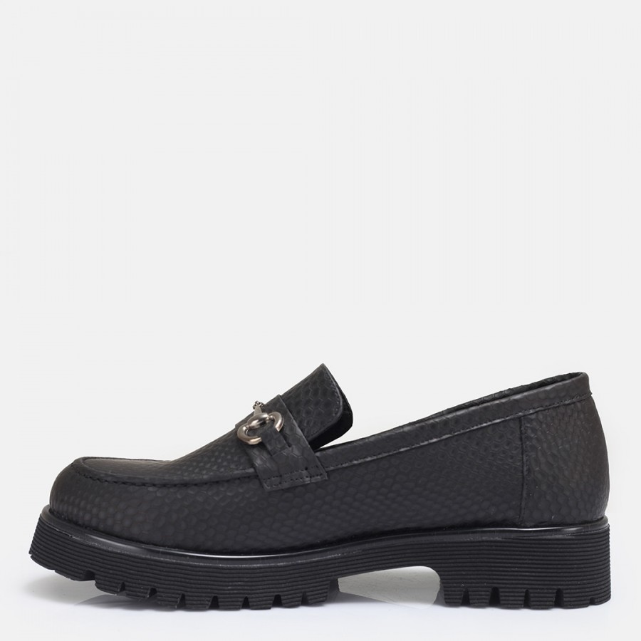 Loafer Ayakkabı Siyah Baskılı Tokalı Hakiki Deri