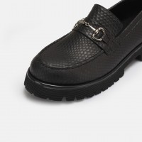 Loafer Ayakkabı Siyah Baskılı Tokalı Hakiki Deri