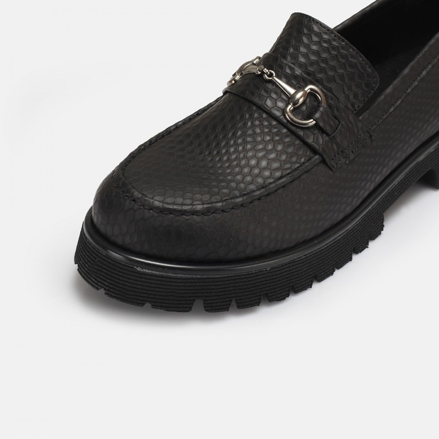 Loafer Ayakkabı Siyah Baskılı Tokalı Hakiki Deri