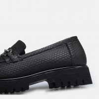 Loafer Ayakkabı Siyah Baskılı Tokalı Hakiki Deri