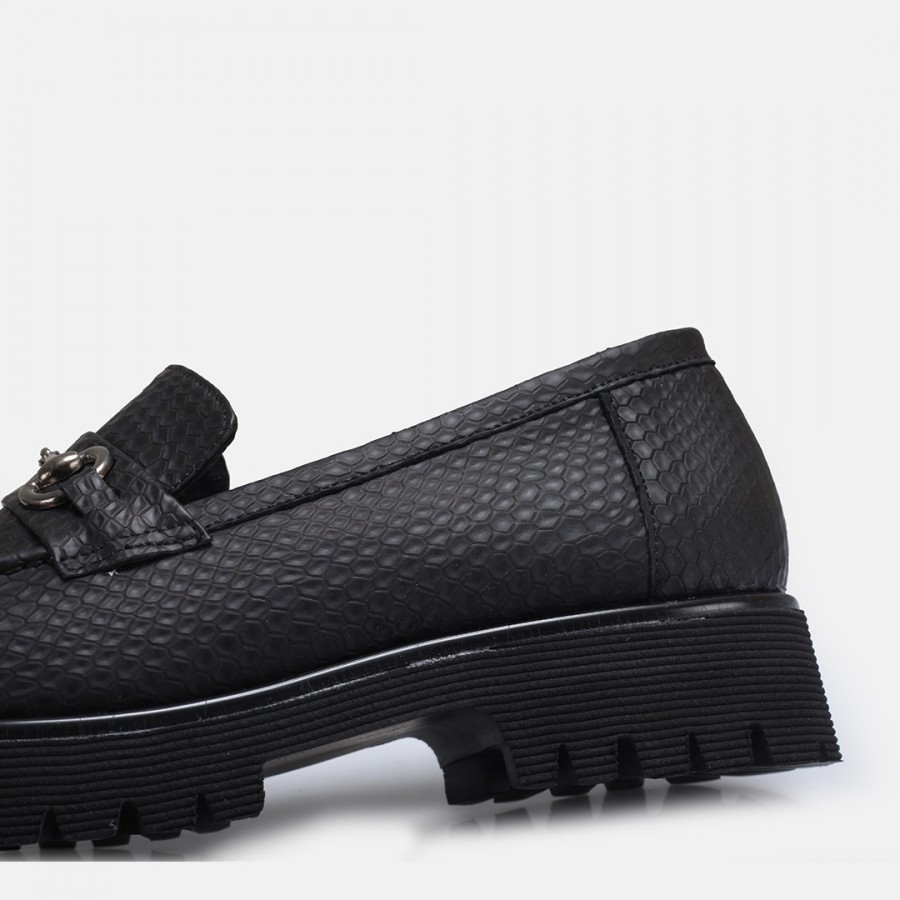 Loafer Ayakkabı Siyah Baskılı Tokalı Hakiki Deri