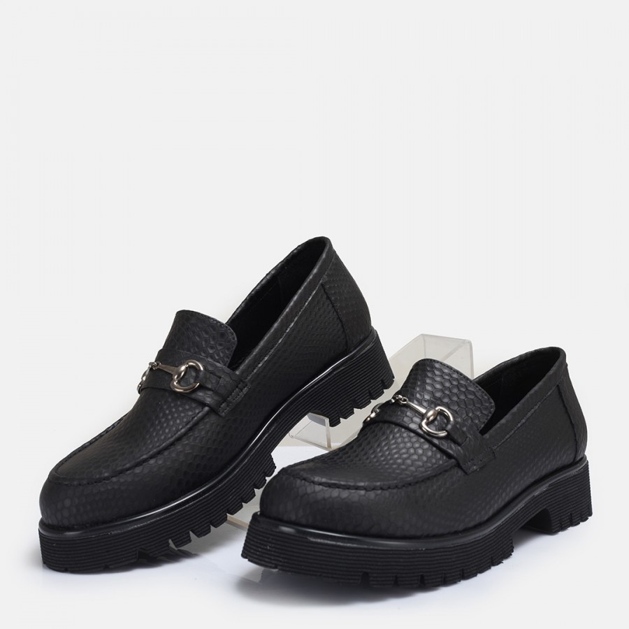 Loafer Ayakkabı Siyah Baskılı Tokalı Hakiki Deri