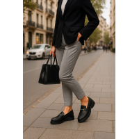 Loafer Ayakkabı Siyah Baskılı Tokalı Hakiki Deri