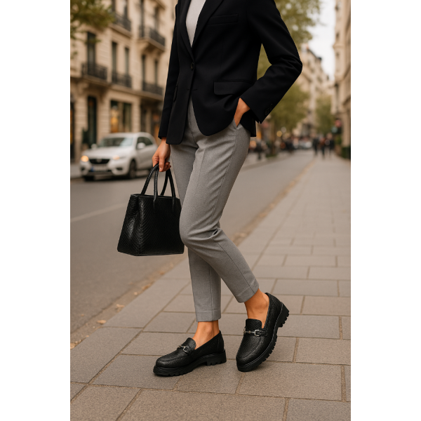 Loafer Ayakkabı Siyah Baskılı Tokalı Hakiki Deri