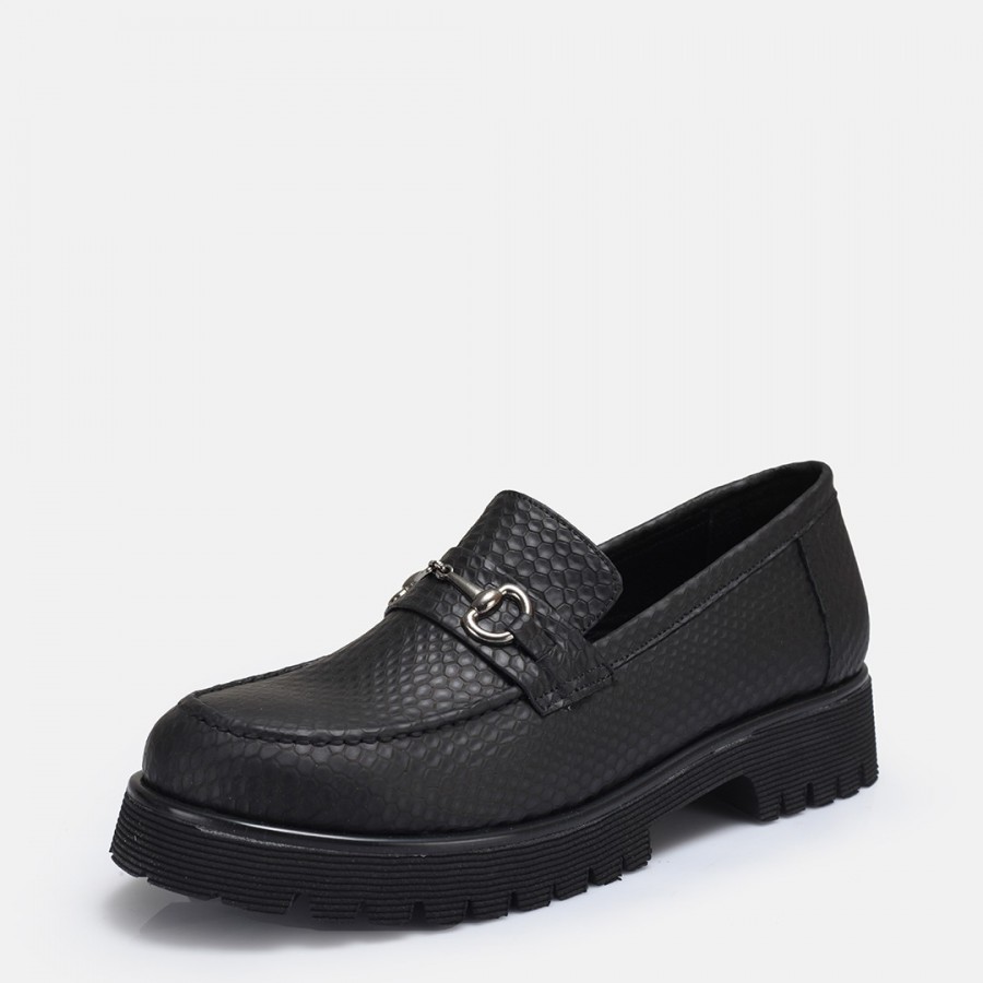 Loafer Ayakkabı Siyah Baskılı Tokalı Hakiki Deri