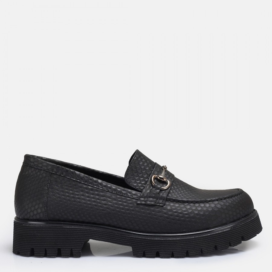 Loafer Ayakkabı Siyah Baskılı Tokalı Hakiki Deri