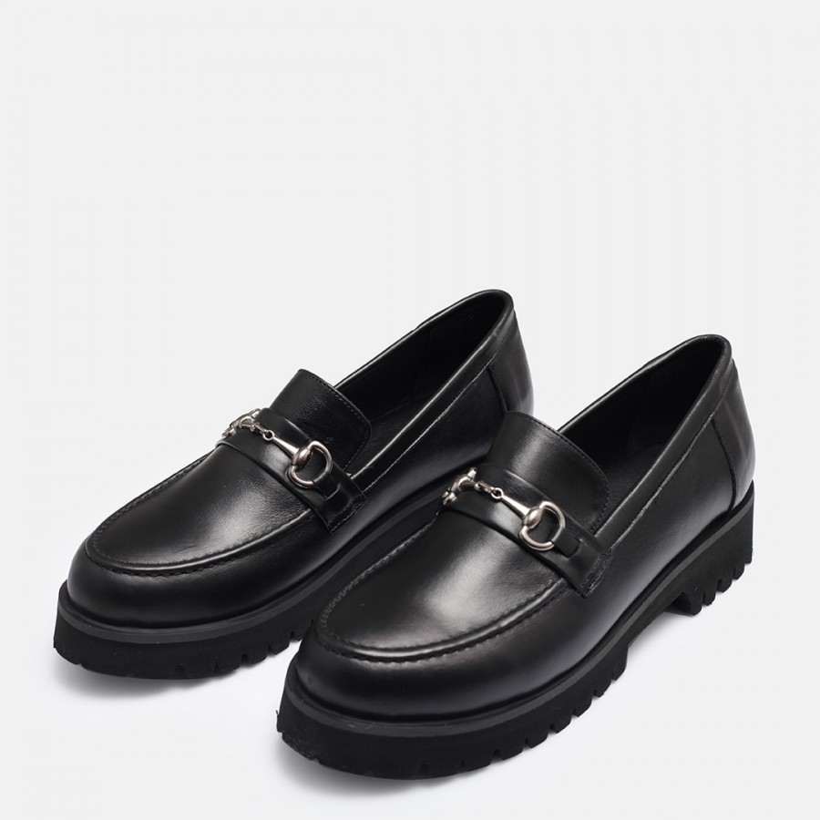Siyah Hakiki Deri Loafer Ayakkabı Tokalı