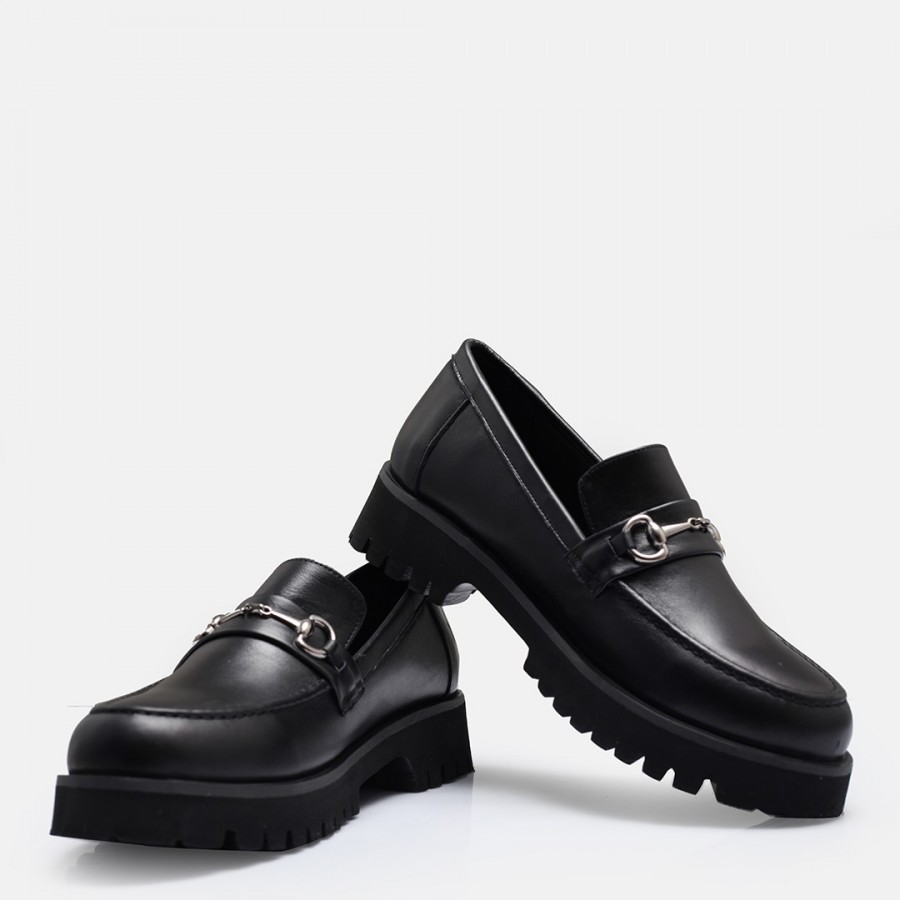 Siyah Hakiki Deri Loafer Ayakkabı Tokalı