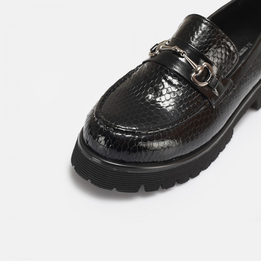Loafer Ayakkabı Tokalı Siyah Petek Hakiki Deri
