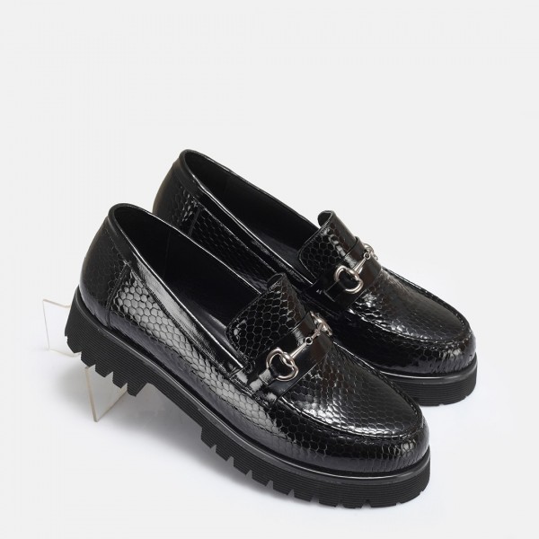 Loafer Ayakkabı Tokalı Siyah Petek Hakiki Deri