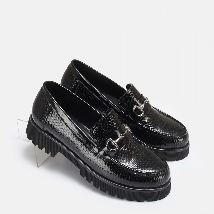 Loafer Ayakkabı Tokalı Siyah Petek Hakiki Deri
