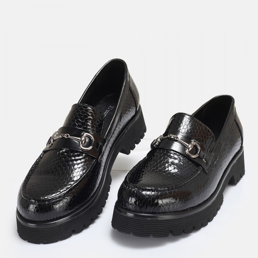 Loafer Ayakkabı Tokalı Siyah Petek Hakiki Deri