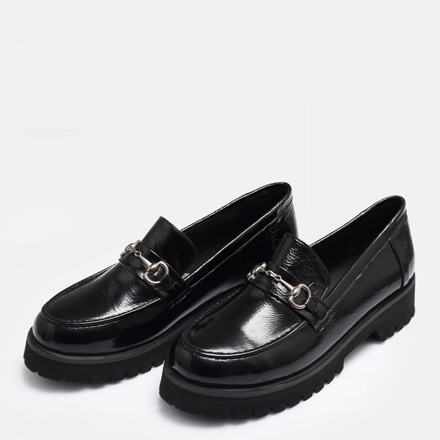 Loafer Ayakkabı Tokalı Siyah Rugan Hakiki Deri