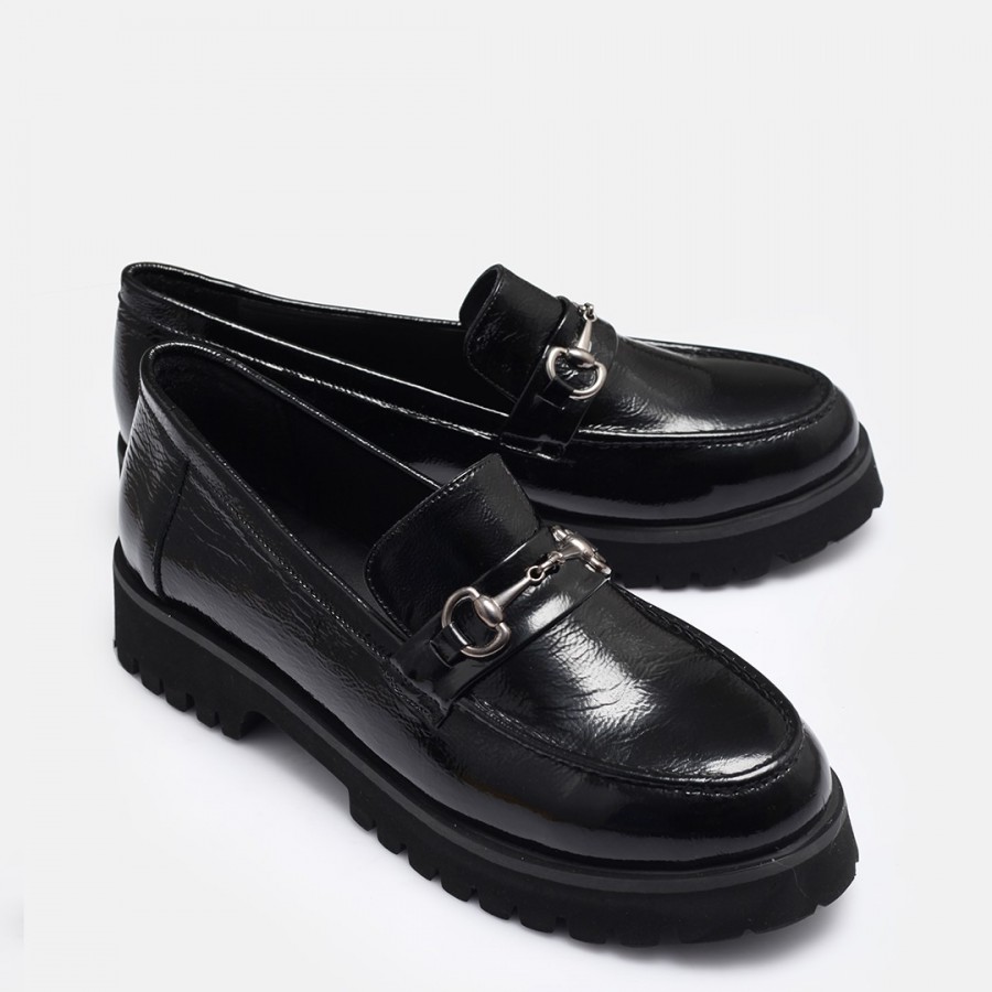 Loafer Ayakkabı Tokalı Siyah Rugan Hakiki Deri