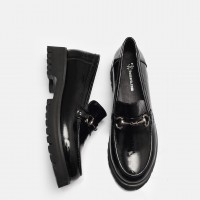 Loafer Ayakkabı Tokalı Siyah Rugan Hakiki Deri