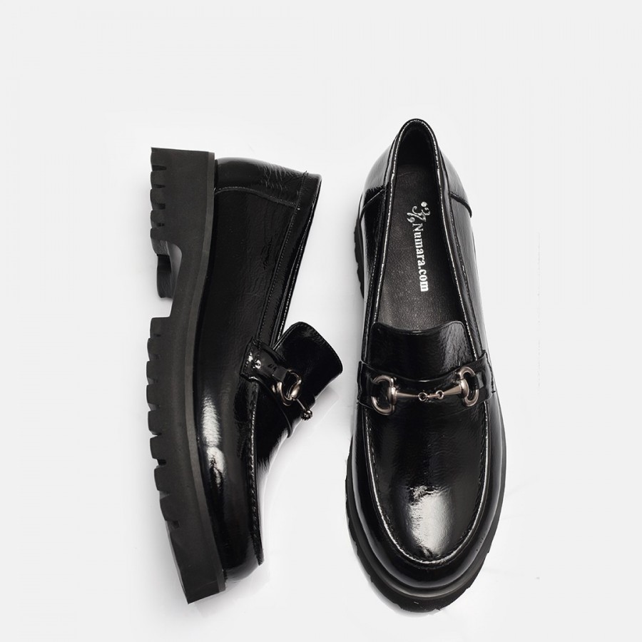 Loafer Ayakkabı Tokalı Siyah Rugan Hakiki Deri