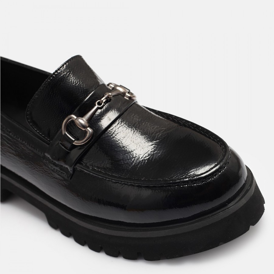 Loafer Ayakkabı Tokalı Siyah Rugan Hakiki Deri