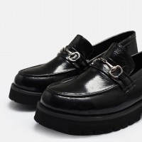 Loafer Ayakkabı Tokalı Siyah Rugan Hakiki Deri