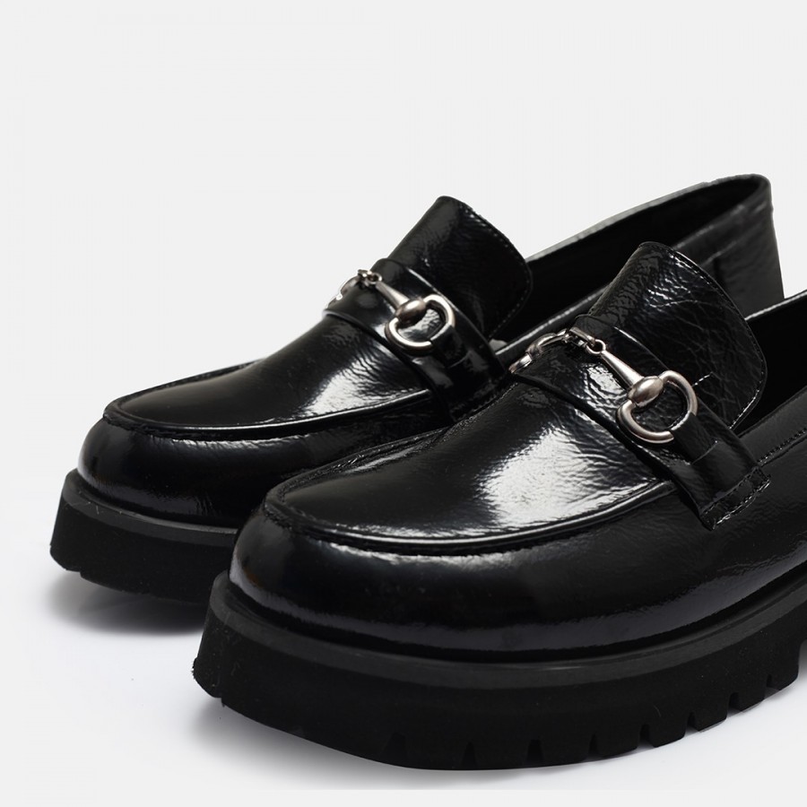 Loafer Ayakkabı Tokalı Siyah Rugan Hakiki Deri