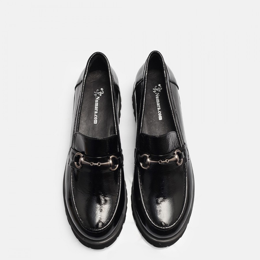 Loafer Ayakkabı Tokalı Siyah Rugan Hakiki Deri