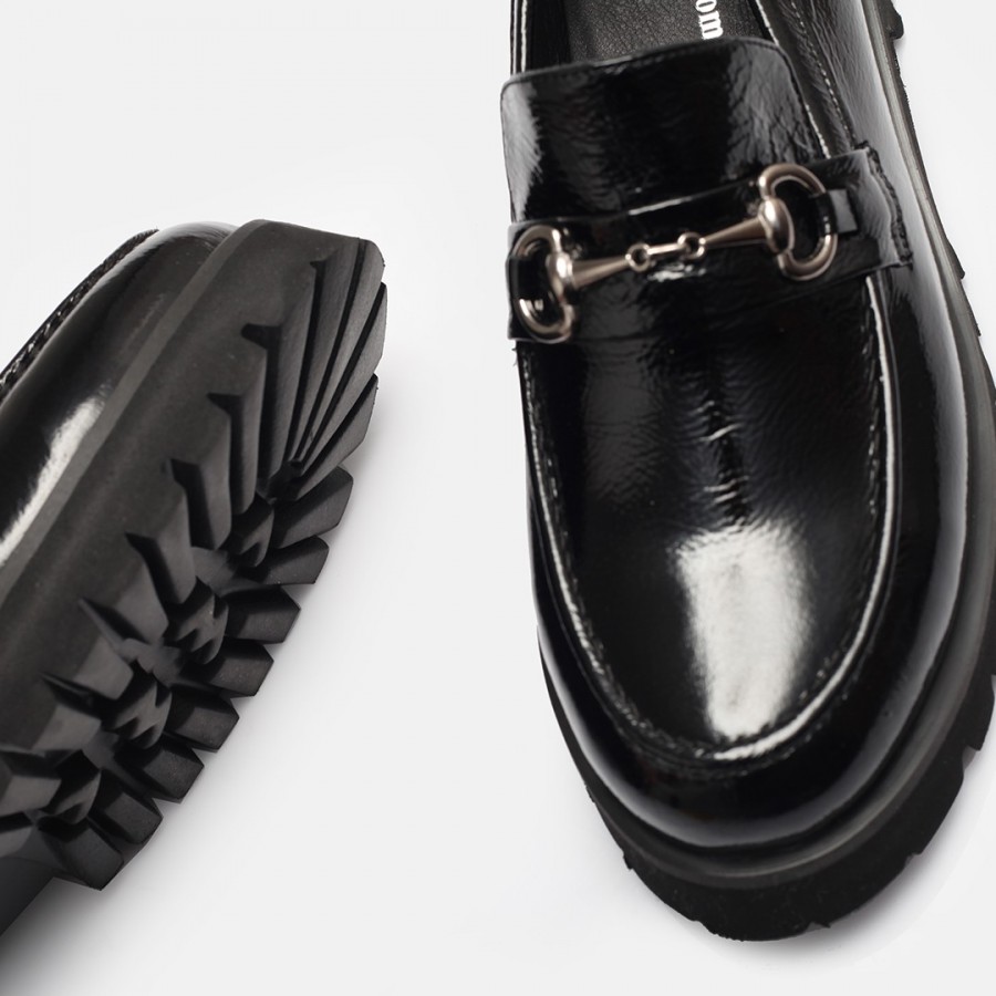 Loafer Ayakkabı Tokalı Siyah Rugan Hakiki Deri