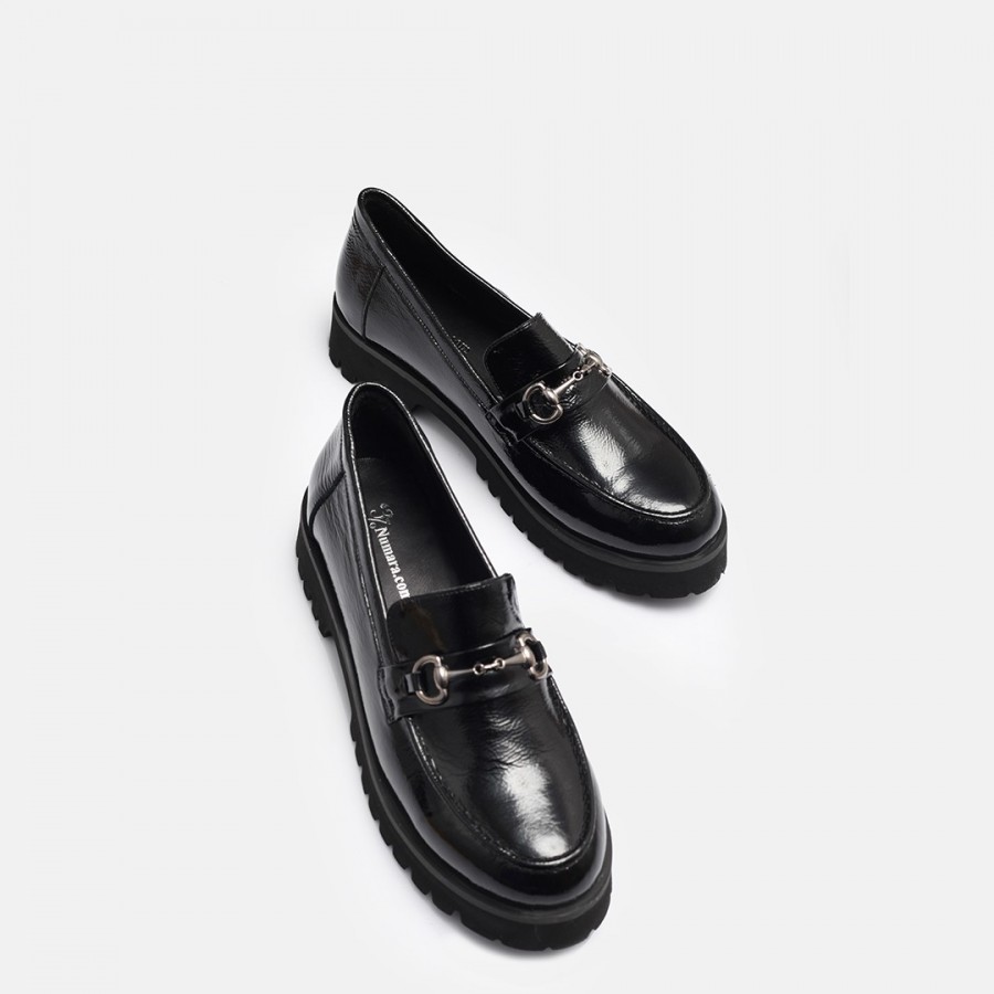 Loafer Ayakkabı Tokalı Siyah Rugan Hakiki Deri