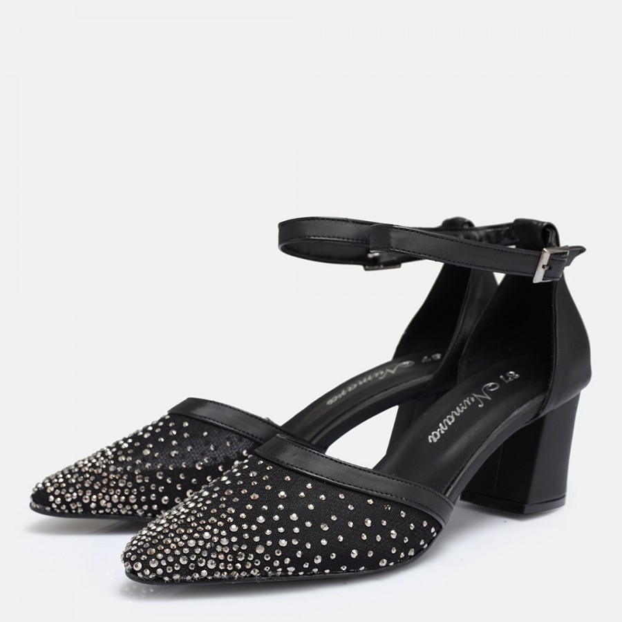 Stiletto Siyah Taşlı Kemerli Ayakkabı