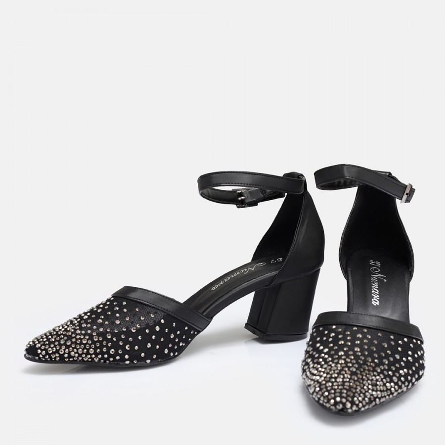 Stiletto Siyah Taşlı Kemerli Ayakkabı