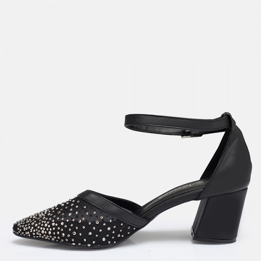 Stiletto Siyah Taşlı Kemerli Ayakkabı