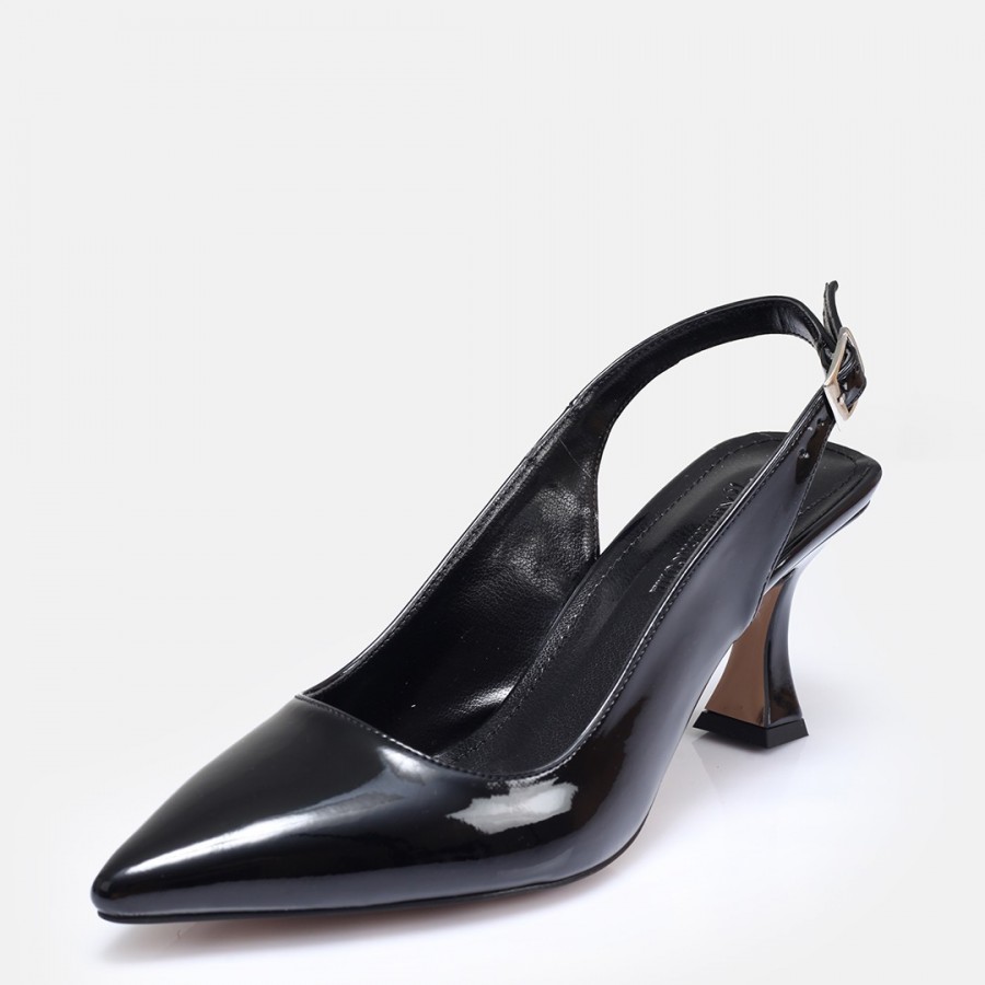Arkası Açık Stiletto Siyah Rugan