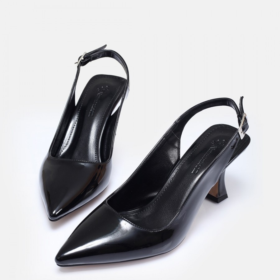 Arkası Açık Stiletto Siyah Rugan