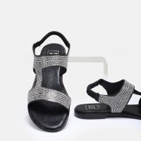 Siyah Yaldızlı Taşlı Sandalet